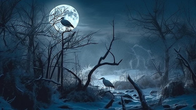 Winter landscape with cranes and full moongenerative ai