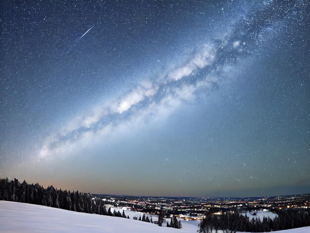 写真 輝く星で満ちた暗い空と明るい銀河の冬の風景