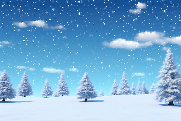 Winter landscape with fir trees and snowflakes on blue sky background