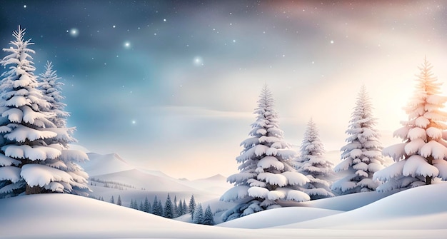 Winter landscape with fir trees and snowflakes Christmas background