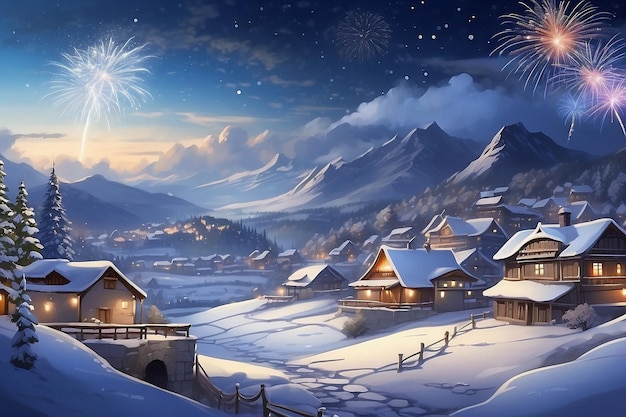 winter landscape with fireworks in the sky