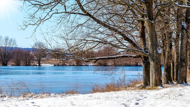 Winter landscape with forest over the river in sunny weather