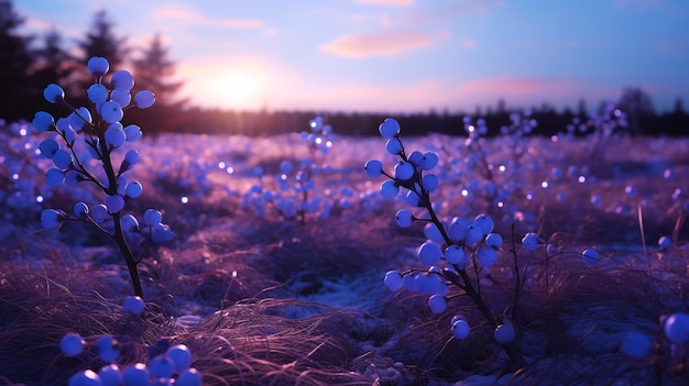 Winter landscape with frozen grass and blue berries on the background of sunset