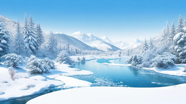 얼어붙은 강 소나무와 산과 함께 겨울 풍경 그림 눈이 내린 겨울 배경