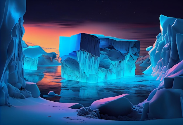 Winter landscape with glaciers neon light Blocks of ice on the water in Antarctica Generate Ai