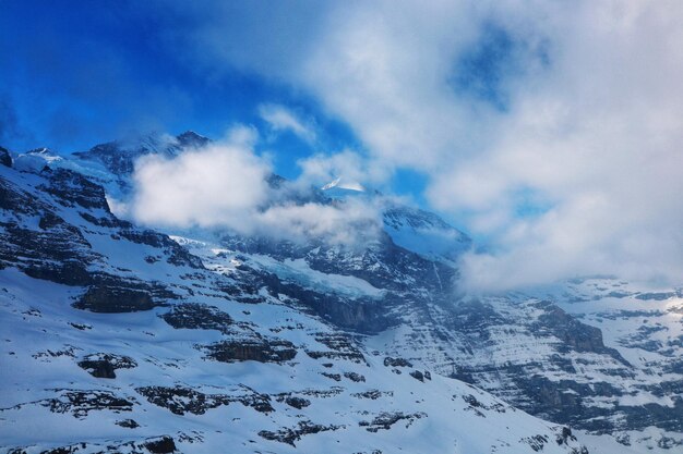 Winter landscape with hills covered with snow at jungfrau top of europe switzerland