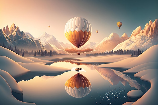 Winter landscape with hot balloon air generative ai