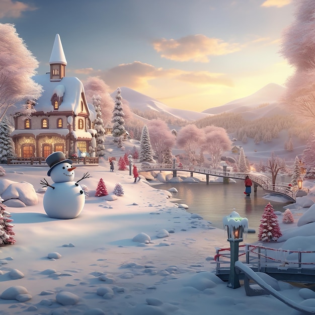 유쾌한 눈사람과 눈사람 사이에 함께 서 있는 Frosty the Snowman이 있는 겨울 풍경
