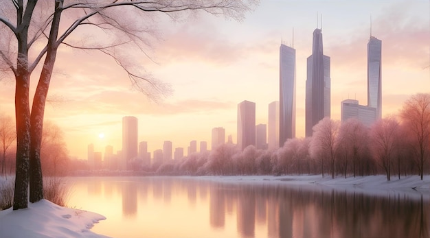 Winter landscape with a lake in the park of a modern city with highrise buildings in the evening during sunset