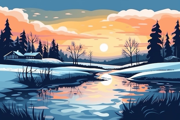 A winter landscape with a lake and a sunset in the background.