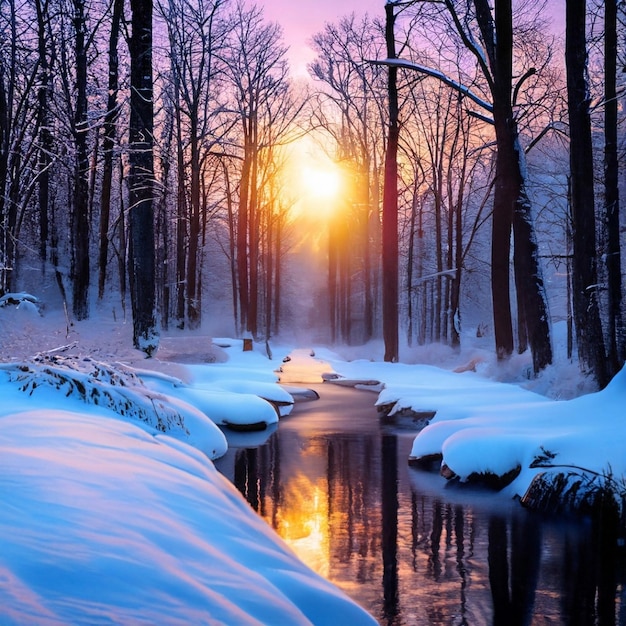 Photo winter landscape with lake and trees