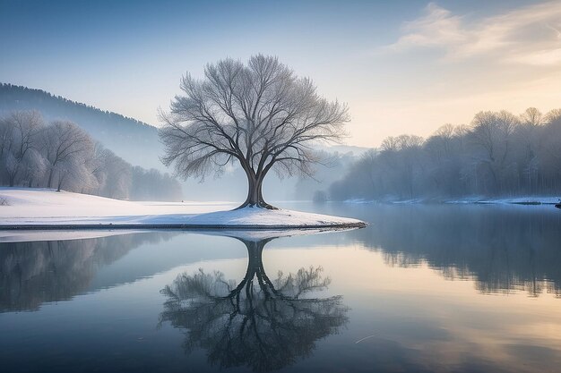 Winter landscape with a lonely tree on the lake and reflection in the water