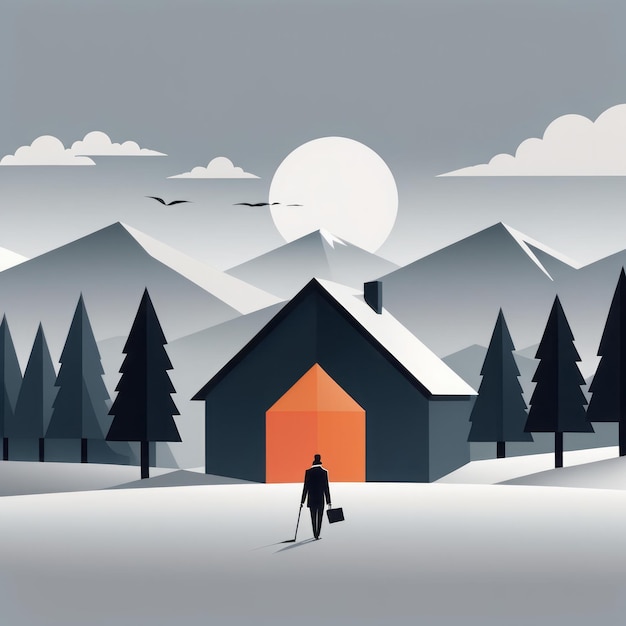 winter landscape with a mountain house and a snowman winter landscape with a mountain house and