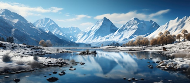 Winter landscape with a mountain river and snowcapped peaks