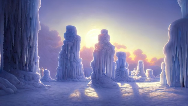 Winter landscape with neon sunset Large blocks of ice frozen trees Fantasy winter snowy landscape Frozen nature 3D illustration