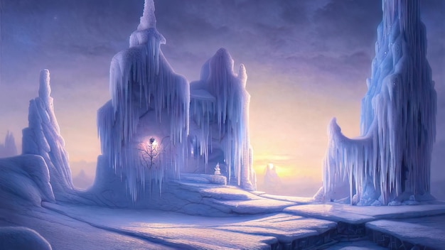 ネオンの夕日と冬の風景 氷が凍った木の大きなブロック ファンタジーの冬の雪景色 凍った自然の 3 D イラスト