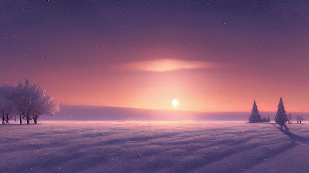 ネオンの夕日のある冬の風景 雪に覆われた平らな谷 色付きの冬の風景 凍るような冬の夕日 3D イラスト