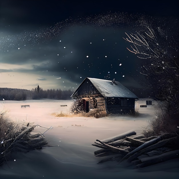 Winter landscape with old wooden house in the forest and falling snowflakes