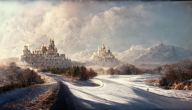 Winter landscape with a palace with towers mountains a path and bare trees under a layer of snow