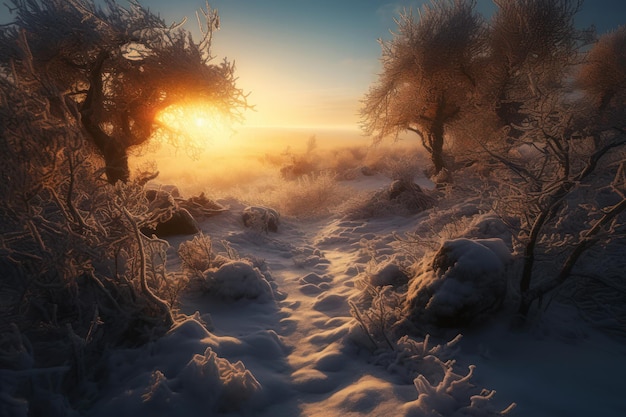 A winter landscape with a path leading to the sun