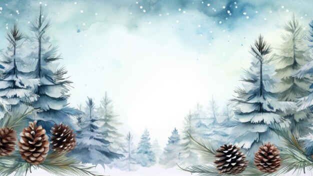 Photo winter landscape with pine trees and snowflakes watercolor illustration generative ai