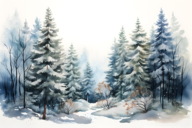 Photo winter landscape with pine trees in watercolor style snowcovered spruce forest christmas mood