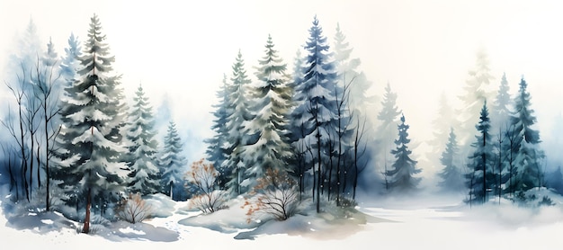 Winter landscape with pine trees in watercolor style Snowcovered spruce forest Christmas mood