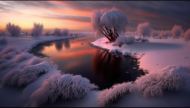 Winter landscape with pink sunsetGenerative AI