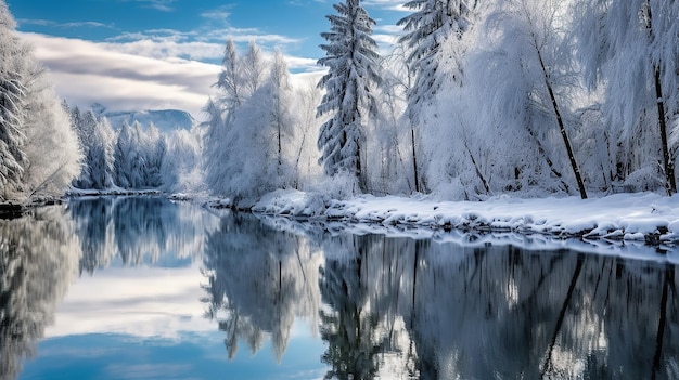 Winter landscape with reflection in the water Generative AI