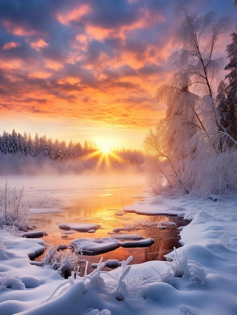 winter landscape with a river and the sun