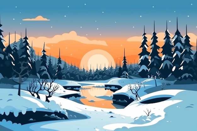A winter landscape with a river and a sunset.
