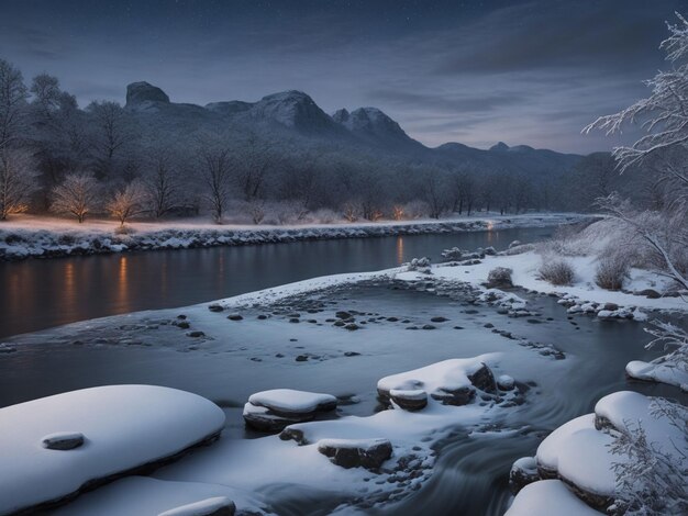 Winter landscape with river