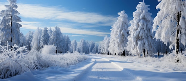 Winter landscape with road and trees covered with hoarfrost and snow