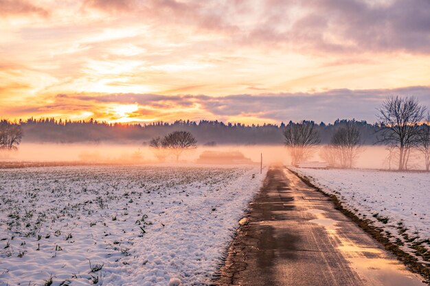 Photo winter landscape with road white fields