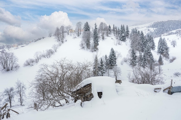 小さな村の家とギレスン トルコの冬の風景
