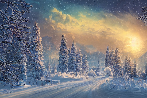 Winter landscape with snow color art