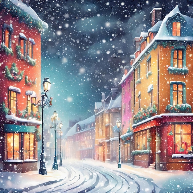 winter landscape with snow covered housesnight city street with christmas tree