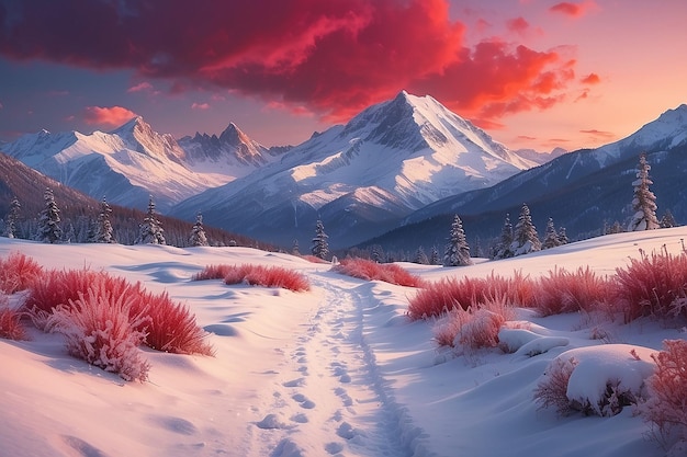 A winter landscape with a snow covered path and a red sky with a mountain in the background