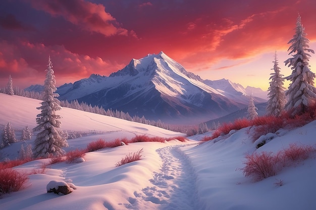 A winter landscape with a snow covered path and a red sky with a mountain in the background