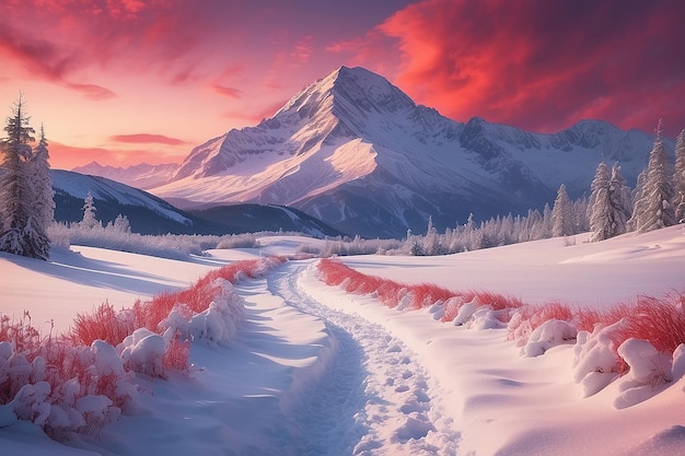 A winter landscape with a snow covered path and a red sky with a mountain in the background