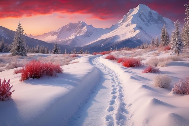 A winter landscape with a snow covered path and a red sky with a mountain in the background