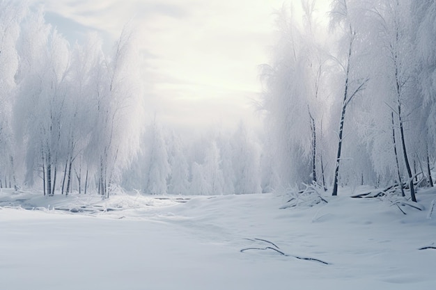 Winter landscape with snow covered trees in the forest christmas background