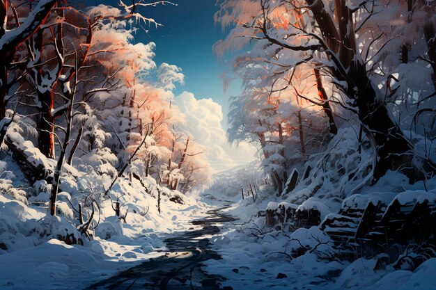 Winter landscape with snow covered trees in the forestgenerative ai