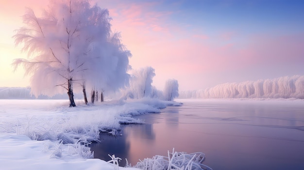 Winter landscape with snow covered trees and lake