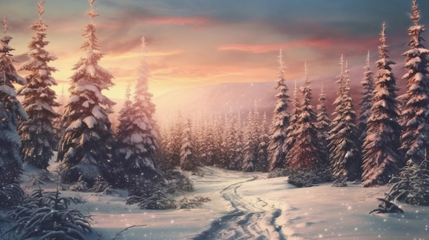 빈티지 크리스마스 배경화면으로 눈과 전나무가 있는 겨울 풍경 Generative Ai