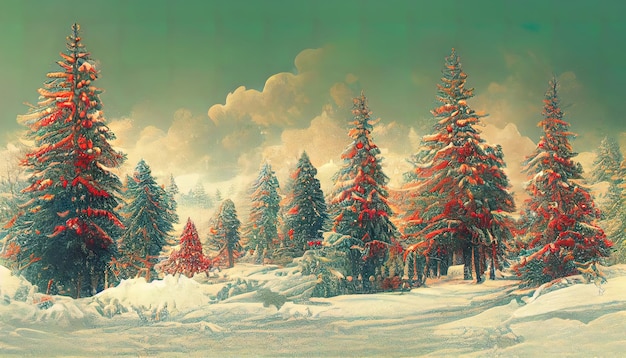 Winter landscape with snow and fir trees as vintage christmas wallpaper