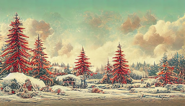 ビンテージのクリスマスの壁紙として雪とモミの木のある冬の風景