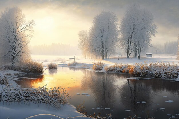 Winter landscape with snow ice and lake