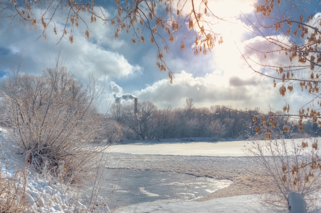 Winter landscape with snow and river