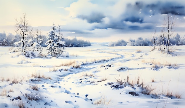 Winter landscape with snow watercolor illustration AI generated